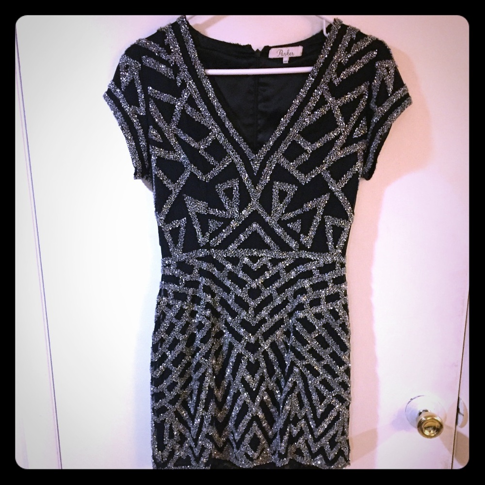 Parker Serena Beaded Cap-Sleeve cocktail dress
